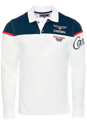 Langærmet polo-shirt i hvid, navy og rød. Har en ensfarvet front, krave, broderet logo og dekorativ syning.