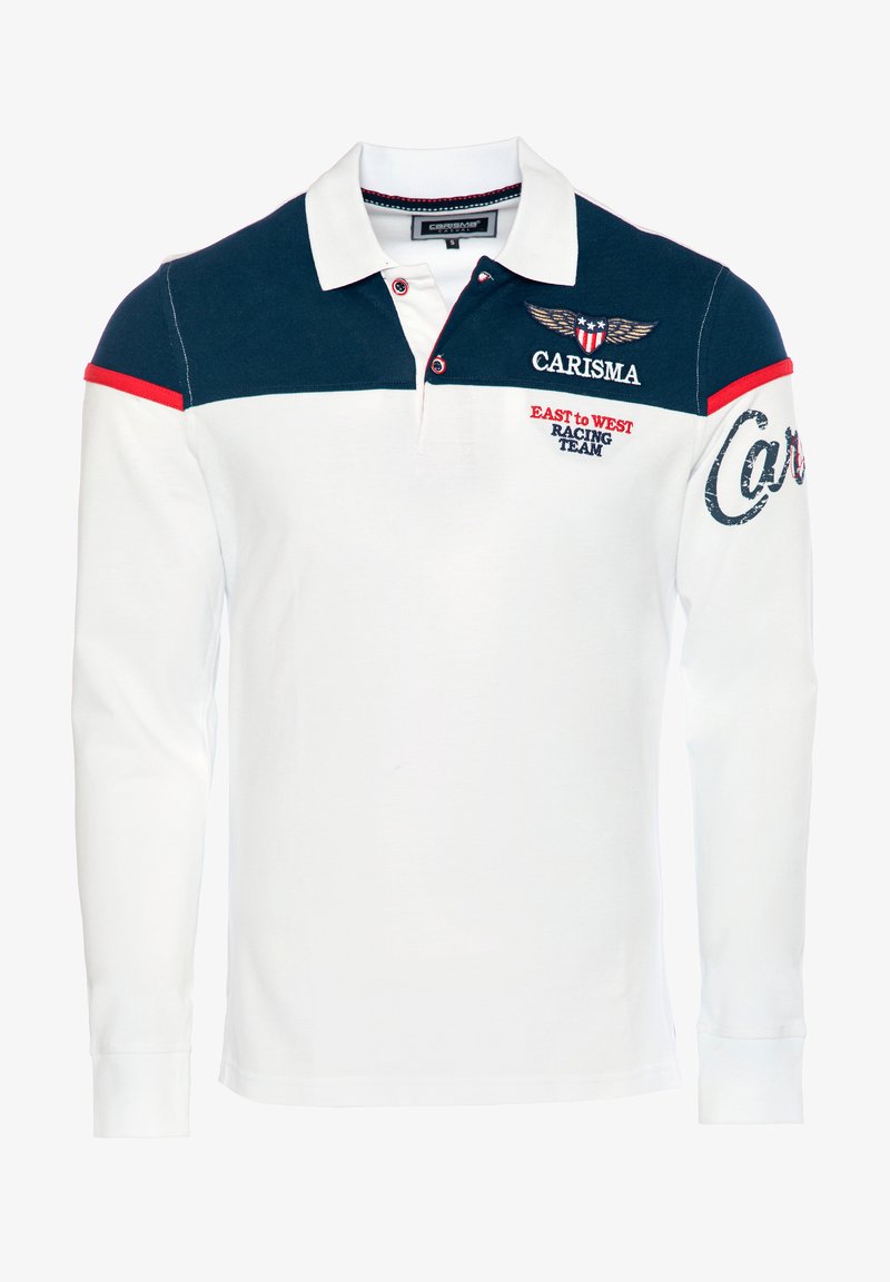 Langærmet polo-shirt i hvid, navy og rød. Har en ensfarvet front, krave, broderet logo og dekorativ syning.