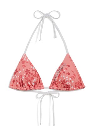 Rosa Bikinitop in triangularer Form mit weißen Bändern, mit einem floralen Muster in verschiedenen Rosatönen und weißen Akzenten.