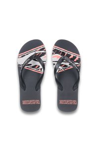 Black flip-flops with a textured, gray footbed featuring a pink and white abstract pattern, and a flexible black strap.