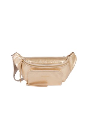 Gold metallic leather fanny pack with a front zip pocket, adjustable strap, and a smooth, shiny texture. Features brand name embossed in gold.