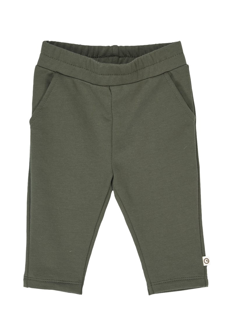 Pantaloni di cotone verde con una texture morbida, caratterizzati da una vita elasticizzata e due tasche laterali. Design semplice, senza fantasie né decorazioni.