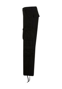 Pantalons cargo noirs avec une coupe slim, dotés de multiples poches latérales, de poignets de cheville ajustables et fabriqués en tissu coton robuste.