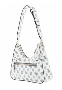Borsa sintetica bianca con forma curva, dettagli marroni a motivo, hardware in argento e tasca con zip sulla parte anteriore.
