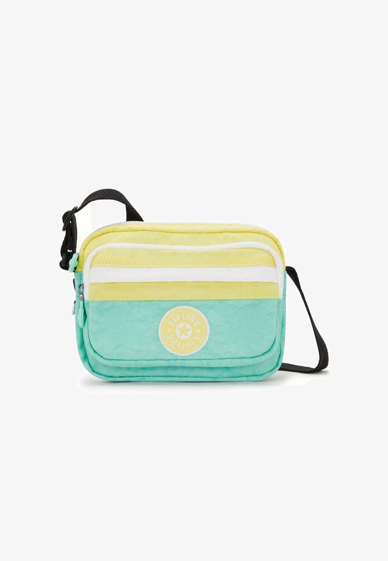 Multikleurige schoudertas met groene, gele en witte strepen, ritscompartimenten en een ronde logo aan de voorkant.