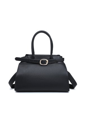 Sac à main en cuir noir texturé avec doubles poignées, une bandoulière amovible et une fine ceinture avec boucle argentée sur le dessus.