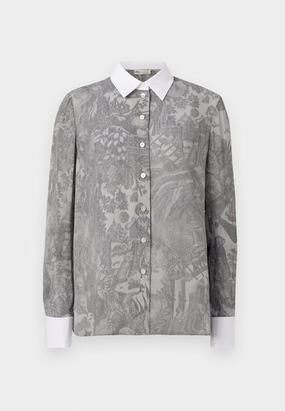 Long-sleeve shirt in grey fabric with intricate tonal pattern, white collar, and button closure. Features detailed botanical and figural designs.