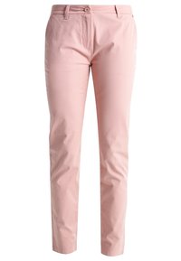 Pantaloni rosa chiaro in cotone misto con vestibilità dritta, dotati di chiusura a bottone, passanti per cintura e tasche frontali. Texture liscia.