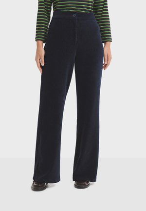 Navy ribbed wide-leg pants with a button closure, featuring a textured fabric and a high waist design, paired with dark shoes.