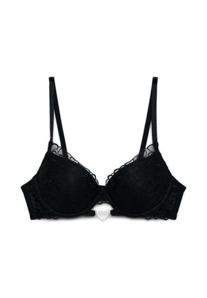 Reggiseno imbottito nero con spalline regolabili, motivo in pizzo a forma di cuore e piccolo ciondolo a forma di cuore argentato al centro davanti.