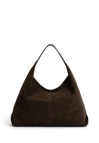 Bruine suedine hobo tas met een enkele gebogen handgreep en een zachte textuur. Heeft een gladde, ronde vorm en een subtiele naaddetail aan de voorkant.