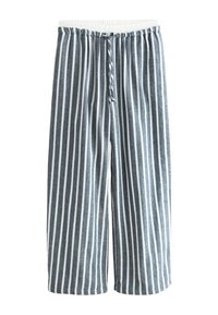 Szürke-fehér csíkos nadrág húzózsinóros derékkal és elasztikus szalaggal, széles szárú kialakítással és puha tapintással.