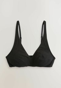 Čierna, textúrovaná podprsenka s trojuholníkovým tvarom, tenkými nastaviteľnými ramienkami a bez vypchávok. Bezšvový dizajn s hladkým povrchom.