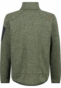 Fleece-pullover i mörkgrön heathered tyg. Har hög krage, långa ärmar och kontrasterande svarta armbågsfickor med en rundad nederkant.