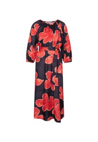Robe midi noire à manches longues avec de grands imprimés floraux rouges vifs et une ceinture en tissu nouée à la taille.