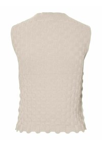 Suéter sin mangas beige con un patrón de punto texturizado y un dobladillo con ondas. Presenta un cuello alto y un diseño ajustado.