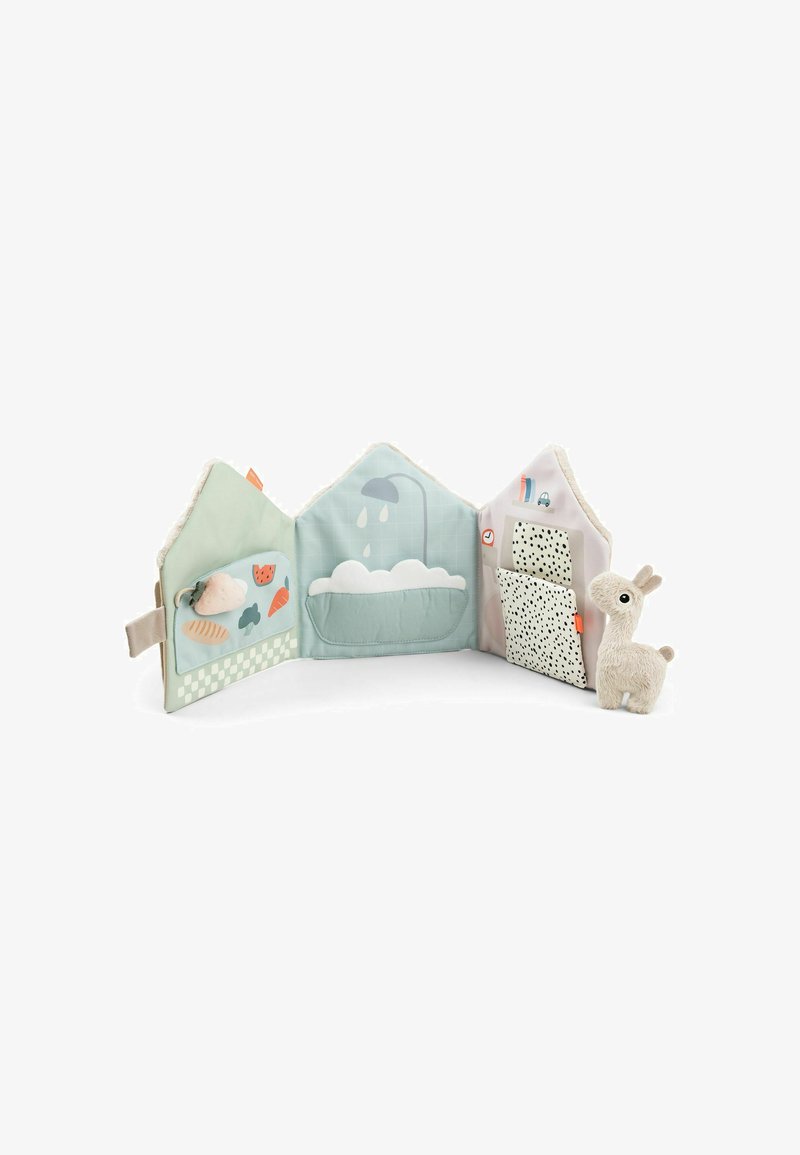 Libro de tela suave para bebés con colores pastel, diversas texturas y características interactivas. Incluye una llama de peluche e ilustraciones temáticas.