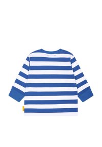 Långärmad skjorta med blå och vita horisontella ränder, rund halsringning och enfärgade blå ärmslut. Tillverkad av mjukt bomullsmaterial.