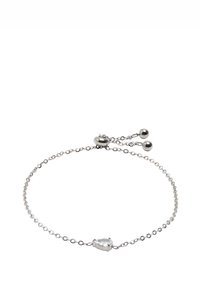 Srebrna bransoletka łańcuszkowa z centralnym kamieniem w kształcie gruszki, który jest przezroczysty. Posiada regulowany zapięcie z dwoma okrągłymi koralikami. Prosty i delikatny design.