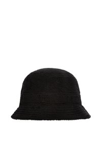 Schwarzer Bucket Hat aus strukturiertem Stoff, mit einer runden Krone und einem breiten, fließenden Schirm. Keine sichtbaren Logos oder Akzente.