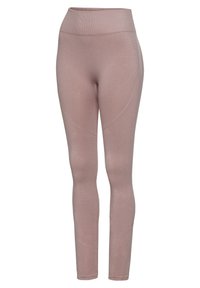 Leggings rosas sin costuras con una cintura alta, que presentan patrones texturizados y una tela suave y elástica que se adapta al cuerpo.
