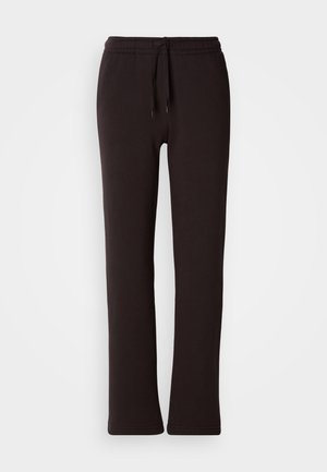 Pantaloni della tuta neri realizzati in tessuto morbido, dotati di vita elastica con coulisse, gamba dritta e senza motivi o dettagli visibili.