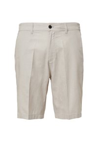 Beige Leinen Shorts mit Falten, Knopfverschluss, Seitentaschen und einem taillierten Schnitt. Verfügt über eine glatte Textur und einen sauberen Abschluss.