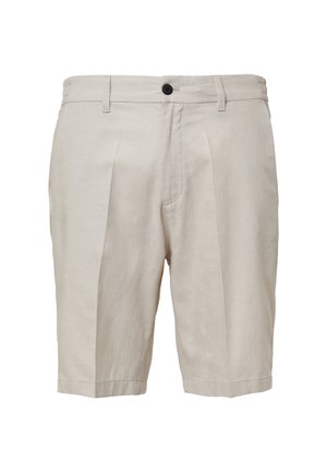 Shorts en lin beige avec des plis, fermeture à boutons, poches latérales et coupe ajustée. Présente une texture lisse et une finition soignée.