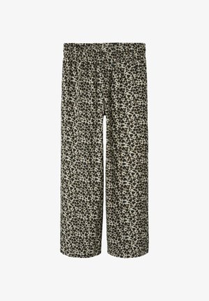 Hlače širokih nogavica s leopardjim vzorcem in elastičnim pasom. Narejene iz lahkega materiala z bež, rjavimi in črnimi poudarki.
