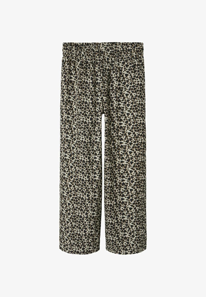 Nohavice s širokými nohavicami v leopardom vzore s elastickým pásom. Vyrobené z ľahkej tkaniny s béžovými, hnedými a čiernymi akcentmi.