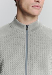 Man in een lichtgrijze, gestructureerde, met ritssluiting sweatervest met hoge kraag, rits volledig gesloten, gezicht gedeeltelijk zichtbaar, zijwaarts gekeerd.
