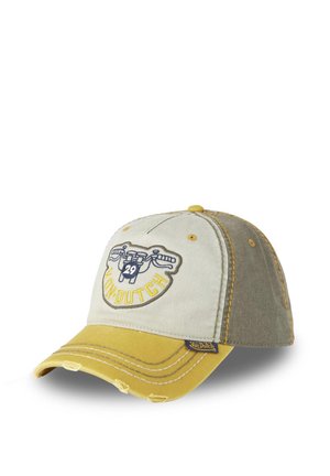 Casquette de baseball avec une visière jaune et des panneaux beige-vert, avec un patch logo Von Dutch avec une moto et le numéro 29.