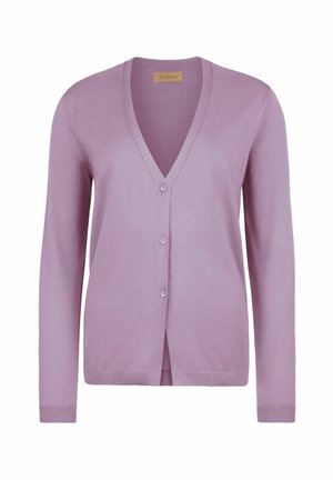 Jasnofioletowy kardigan z długim rękawem, dekoltem w serek i trzema guzikami z przodu, wykonany z drobnej dzianiny.