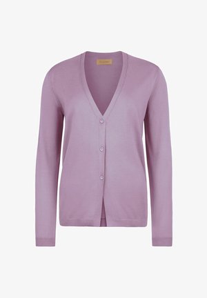Jasnofioletowy kardigan z długim rękawem, dekoltem w serek i trzema guzikami z przodu, wykonany z drobnej dzianiny.