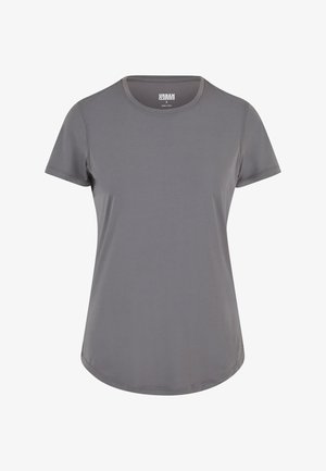 Graues T-Shirt mit kurzen Ärmeln aus glattem Stoff, mit rundem Ausschnitt und abgerundetem Saum. Einfaches Design ohne Muster oder Akzente.