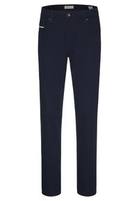 Tmavě námořnické modré kalhoty s rovnými nohavicemi, předním zapínáním na knoflík, poutky na pásek a viditelnými předními a zadními kapsami.