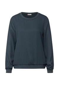 Mörkblå långärmad tröja i slät tyg, med rund halsringning, rynkade ärmar och subtila dekorativa detaljer vid ärmsluten.