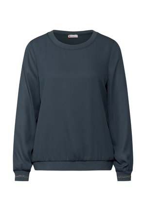 Pullover a maniche lunghe di colore navy in tessuto liscio, con scollo rotondo, maniche arricciate e sottili dettagli decorativi sui polsini.