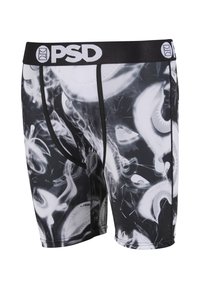Boxer homme noir et blanc avec motifs abstraits de fumée et d’œil, et une ceinture noire avec marquage PSD blanc.