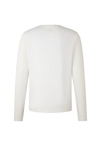 Biała koszula z długim rękawem, z okrągłym dekoltem, gładką fakturą i minimalistycznym wzornictwem, bez widocznych logo czy ozdób.