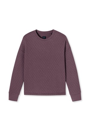 Paarse gewatteerde sweatshirt met een ronde halslijn en lange mouwen. Getextureerd ruitpatroon over het geheel. Mouwen en zoom zijn ribbelig.