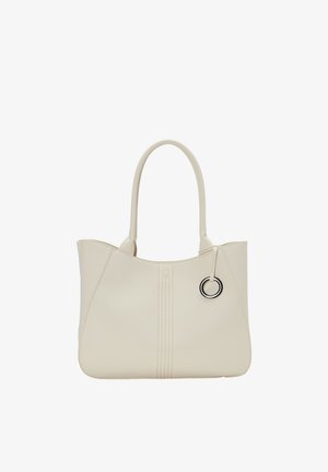Beige draagtas van synthetisch materiaal, met een afgeronde vorm, dubbele handgrepen en een decoratieve metalen ring aan de zijkant.