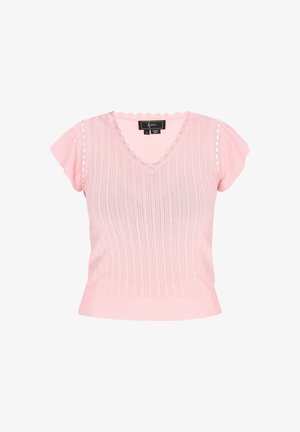 Pink knitted top with a V-neck, short puff sleeves, and scalloped edges. Features vertical ribbed texture and decorative detailing on shoulders.