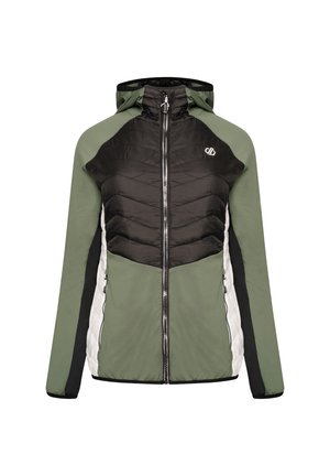 Lekka kurtka z kapturem, zielonymi rękawami, czarnym pikowanym panelem na klatce piersiowej, białymi bocznymi akcentami oraz zamkiem błyskawicznym z przodu.