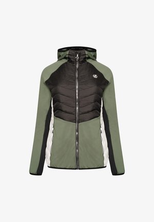 Veste légère à capuche avec manches vertes, panneau matelassé noir sur la poitrine, accents blancs sur les côtés et fermeture zippée à l'avant.