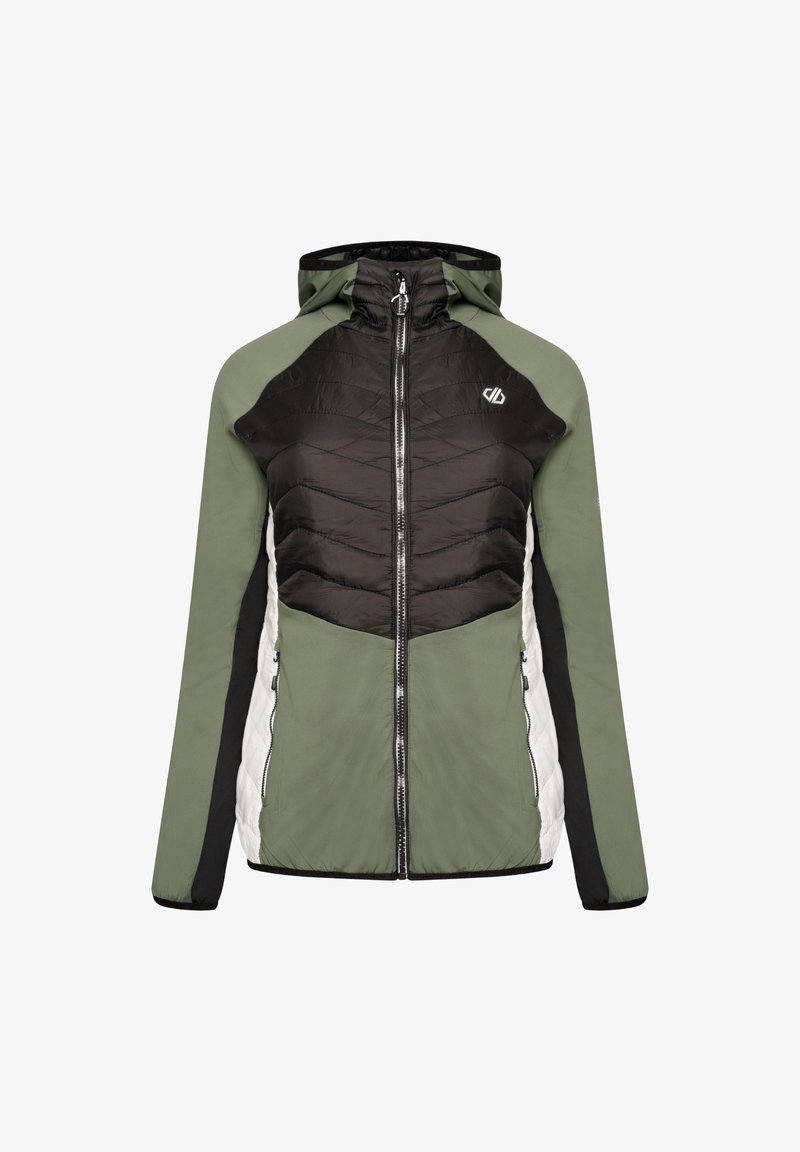 Veste légère à capuche avec manches vertes, panneau matelassé noir sur la poitrine, accents blancs sur les côtés et fermeture zippée à l'avant.