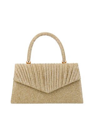 Guldglitter clutch-taske med en plisseret klap og matchende top håndtag, fremhævet med små guldmetalringe.