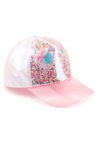 Ροζ καπέλο με γυαλιστερό, ιριδίζον ύφασμα στο γείσο και διαφανή μπροστινή πλευρά γεμάτη με πολύχρωμα παγιέτες και σχέδιο φύλλου φοίνικα.