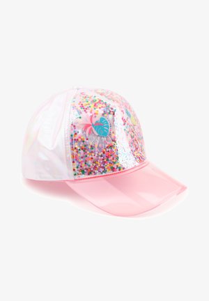 Roze pet met een glanzend, iriserend vizier en een transparant voorpaneel gevuld met kleurrijke pailletten en een palmbladontwerp.