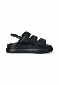 Black leather sandals with three cut-out straps, a back sling, and a thick bottom sole for added height. Smooth texture and simple design.